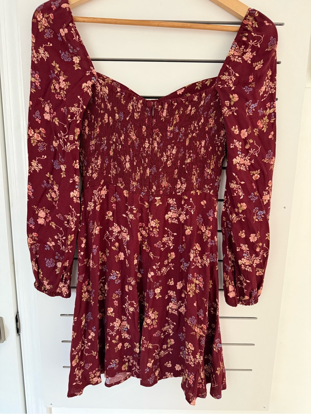 Reformation Burgundy Floral Long Sleeve Square-Neck Dress